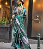 Green green abstract printed satin bagru saree