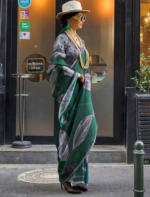 Green green abstract printed satin bagru saree 2