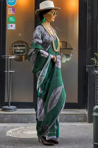 Green green abstract printed satin bagru saree