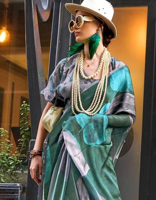Green green abstract printed satin bagru saree 3