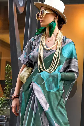 Green green abstract printed satin bagru saree