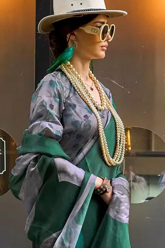Green green abstract printed satin bagru saree