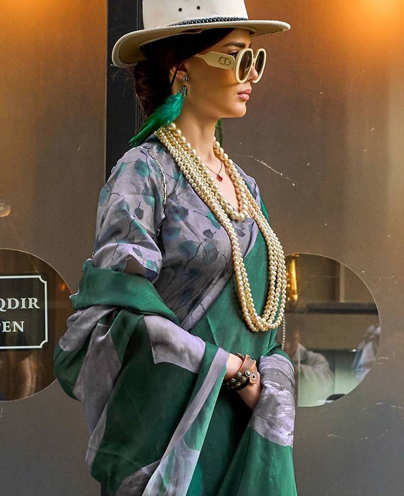 Green green abstract printed satin bagru saree