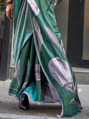 Green green abstract printed satin bagru saree 5
