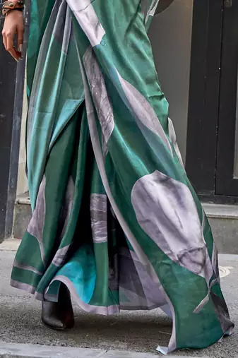 Green green abstract printed satin bagru saree