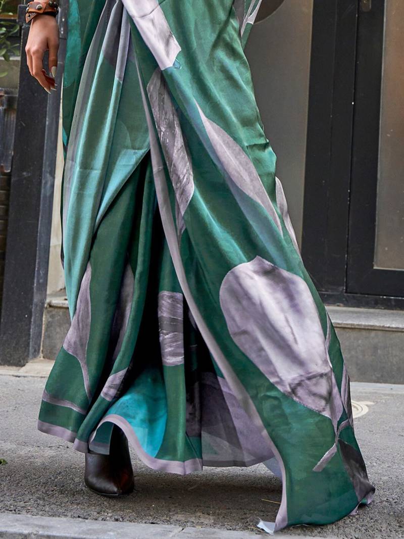Green green abstract printed satin bagru saree