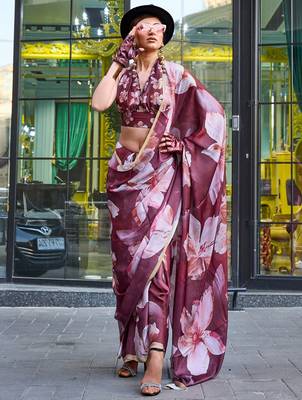 brown brown floral printed satin bagru saree 1