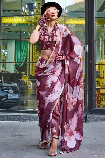 brown brown floral printed satin bagru saree