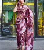 brown brown floral printed satin bagru saree