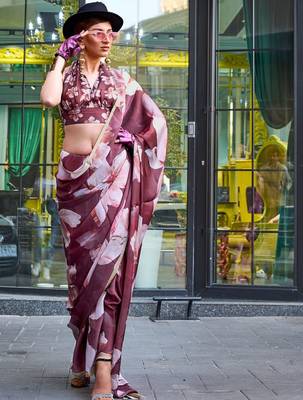 brown brown floral printed satin bagru saree 2