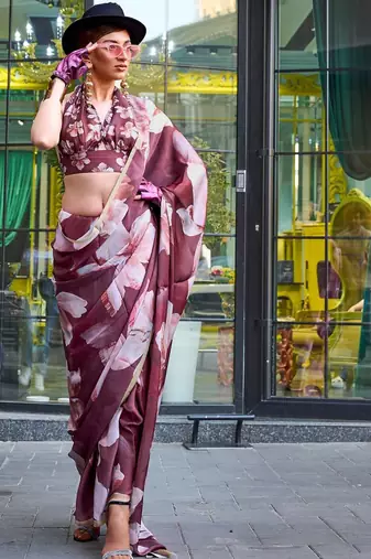 brown brown floral printed satin bagru saree
