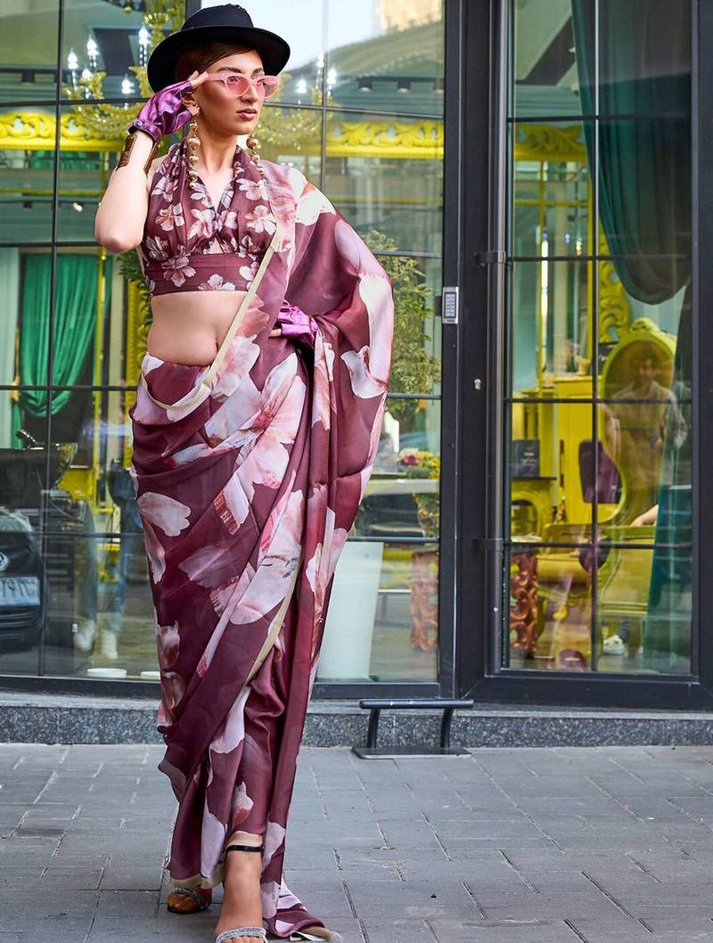 brown brown floral printed satin bagru saree