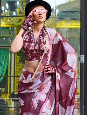 brown brown floral printed satin bagru saree 3