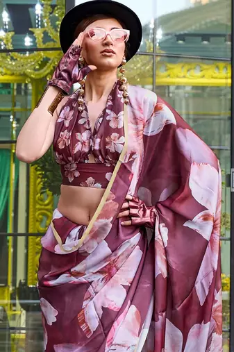 brown brown floral printed satin bagru saree