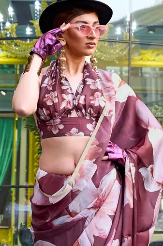brown brown floral printed satin bagru saree