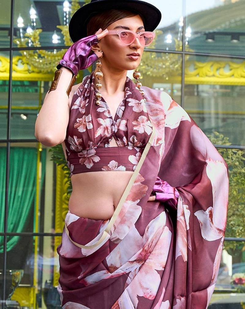 brown brown floral printed satin bagru saree