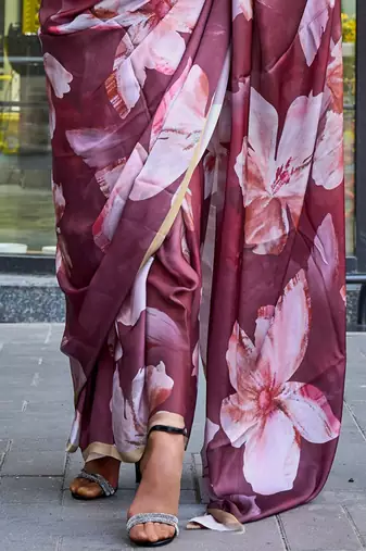 brown brown floral printed satin bagru saree