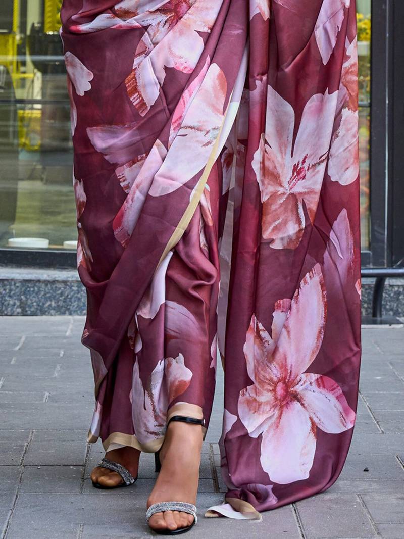 brown brown floral printed satin bagru saree