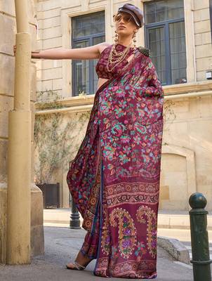 burgundy burgundy floral printed satin bagru saree 1