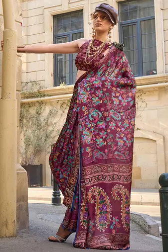 burgundy burgundy floral printed satin bagru saree
