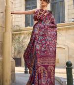 burgundy burgundy floral printed satin bagru saree