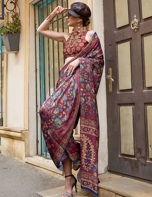 burgundy burgundy floral printed satin bagru saree 2