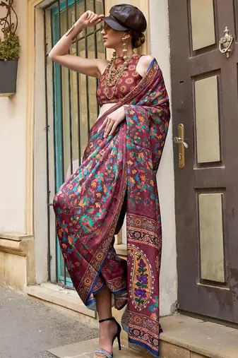 burgundy burgundy floral printed satin bagru saree
