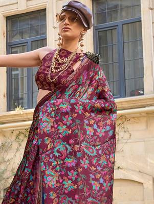 burgundy burgundy floral printed satin bagru saree 3