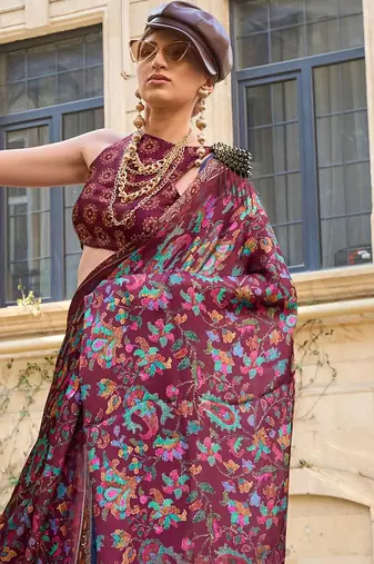 burgundy burgundy floral printed satin bagru saree