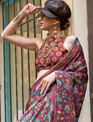 burgundy burgundy floral printed satin bagru saree 4