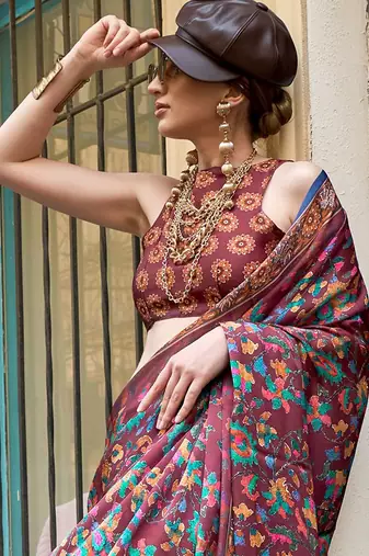 burgundy burgundy floral printed satin bagru saree