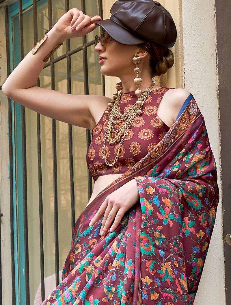 burgundy burgundy floral printed satin bagru saree