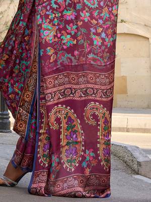 burgundy burgundy floral printed satin bagru saree 5
