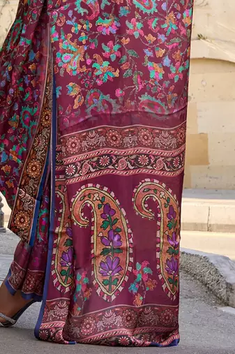 burgundy burgundy floral printed satin bagru saree