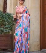 blue blue printed satin bagru saree