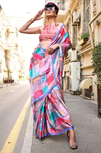 blue blue printed satin bagru saree