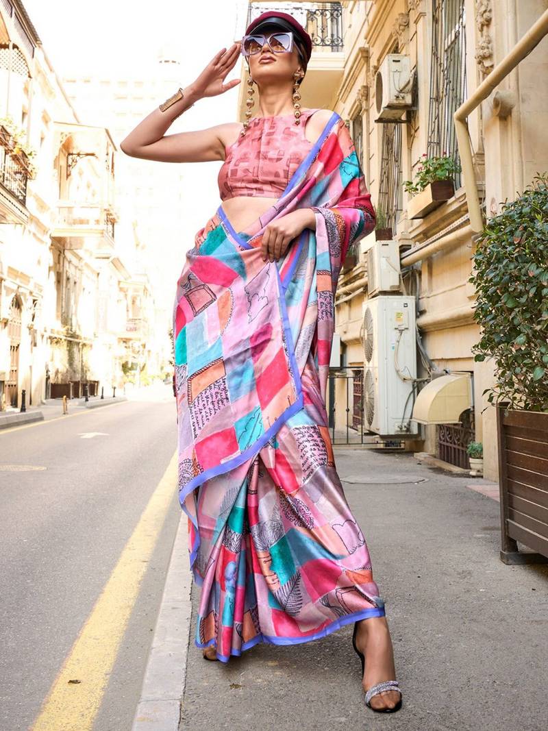blue blue printed satin bagru saree