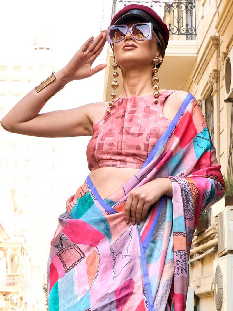 blue blue printed satin bagru saree