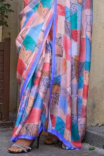 blue blue printed satin bagru saree