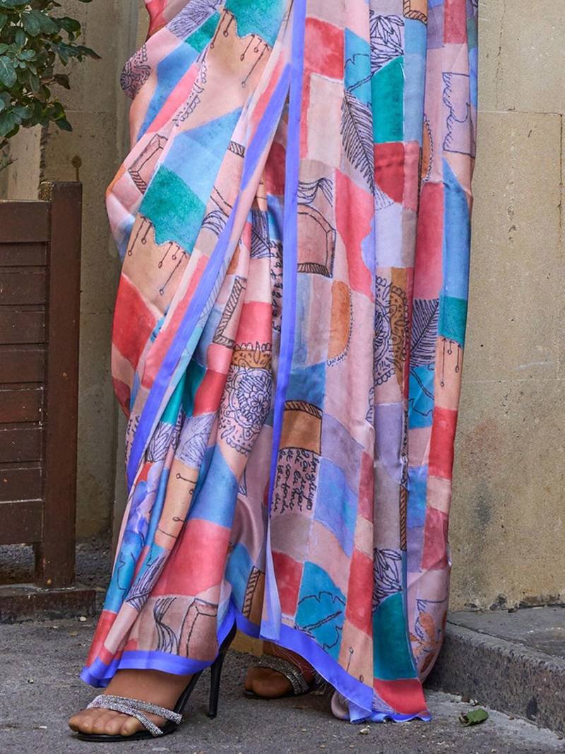 blue blue printed satin bagru saree