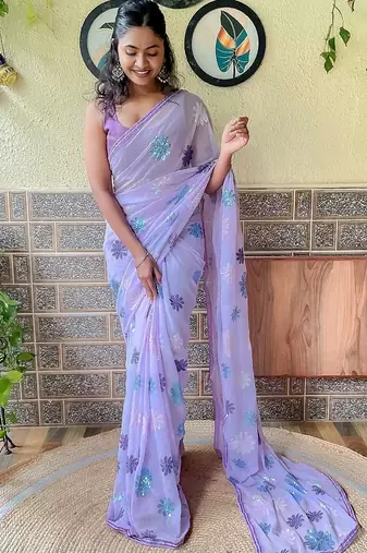 lavender floral embellished sequinned poly georgette saree