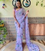 lavender floral embellished sequinned poly georgette saree