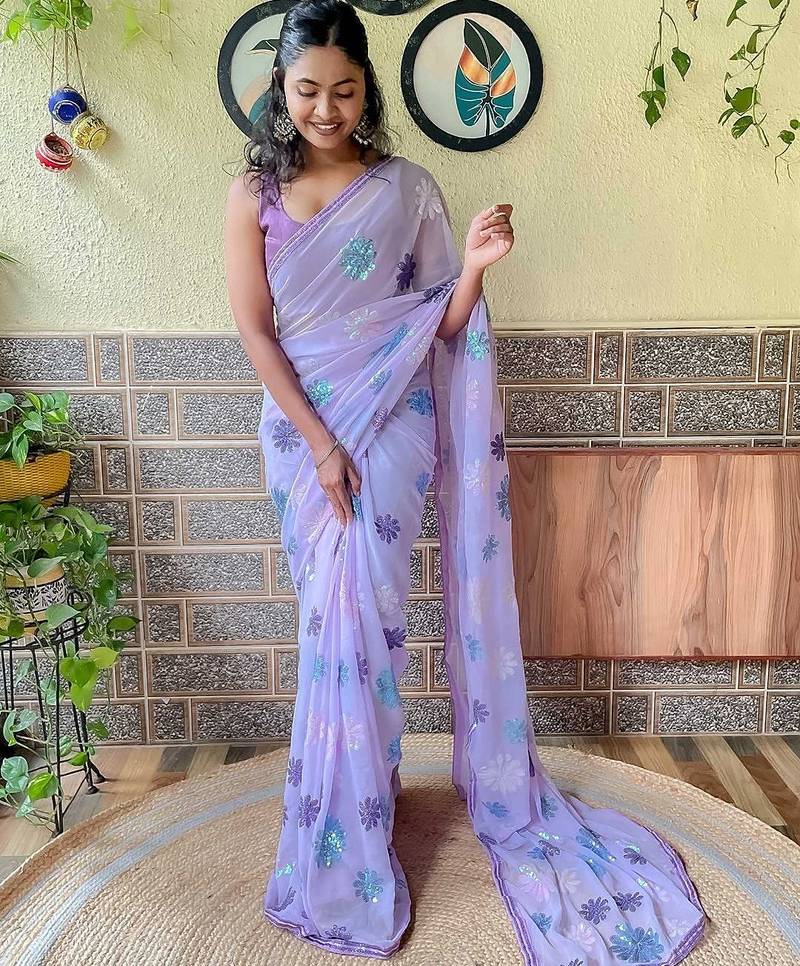 lavender floral embellished sequinned poly georgette saree
