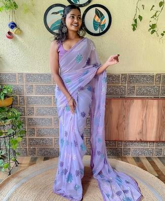 lavender floral embellished sequinned poly georgette saree 2