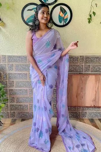 lavender floral embellished sequinned poly georgette saree