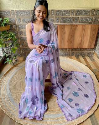 lavender floral embellished sequinned poly georgette saree 3