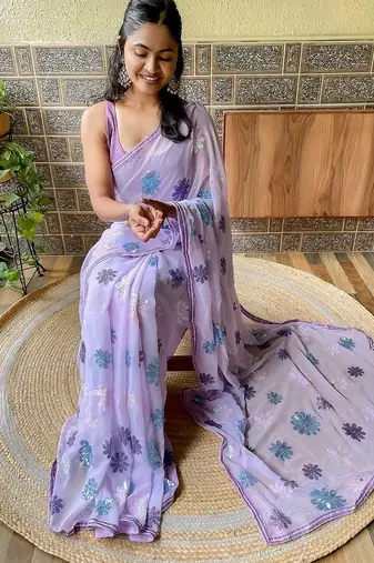 lavender floral embellished sequinned poly georgette saree
