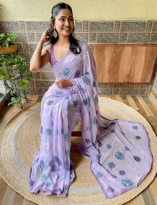 lavender floral embellished sequinned poly georgette saree 4