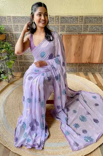 lavender floral embellished sequinned poly georgette saree