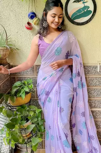 lavender floral embellished sequinned poly georgette saree